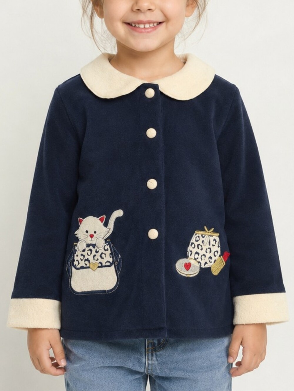 ICZ Girls Navy Fleece Jacket Coat Cat Purse Appliqué Peter Pan Collar Size 4
